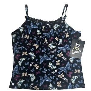 Art Class Girls M 8 Tank Top Butterfly Fairycore Lace Trim Blue Black NEW